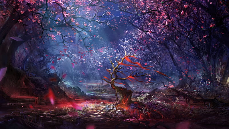 Fantasy Forest, art, artwork, color, mix, nature, paint, trees, HD wallpaper