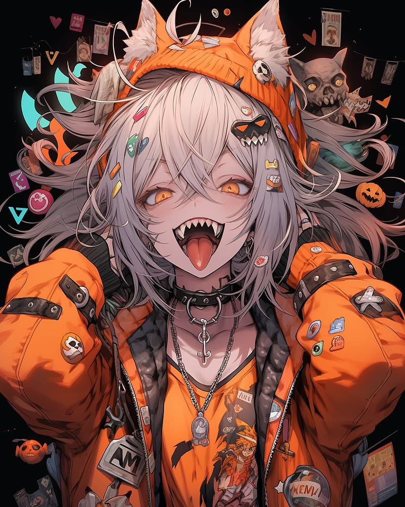 girl, vampire, protruding tongue, hat, ears, piercing, anime, HD phone wallpaper