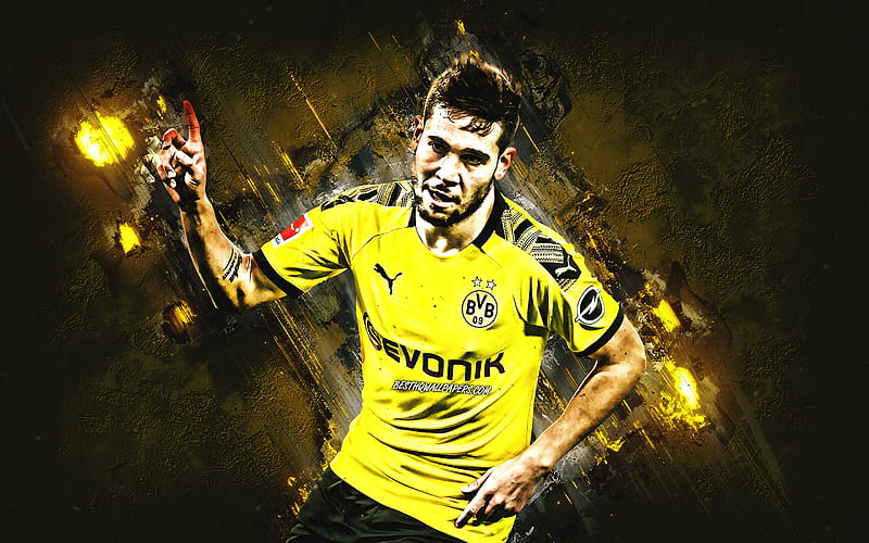 Raphael Guerreiro, Borussia Dortmund, BVB, portuguese soccer player, portrait, yellow stone background, Bundesliga, Germany, football, HD wallpaper