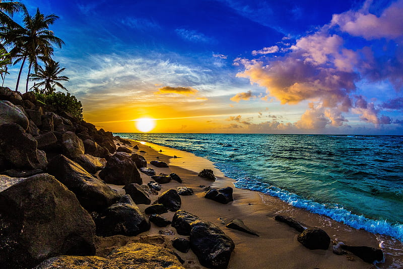 Hawaiian sunset, sky, sea, exotic, ocean, Hawaii, Oahu, sunset, bonito, palms, stones, rays, tropics, sands, HD wallpaper