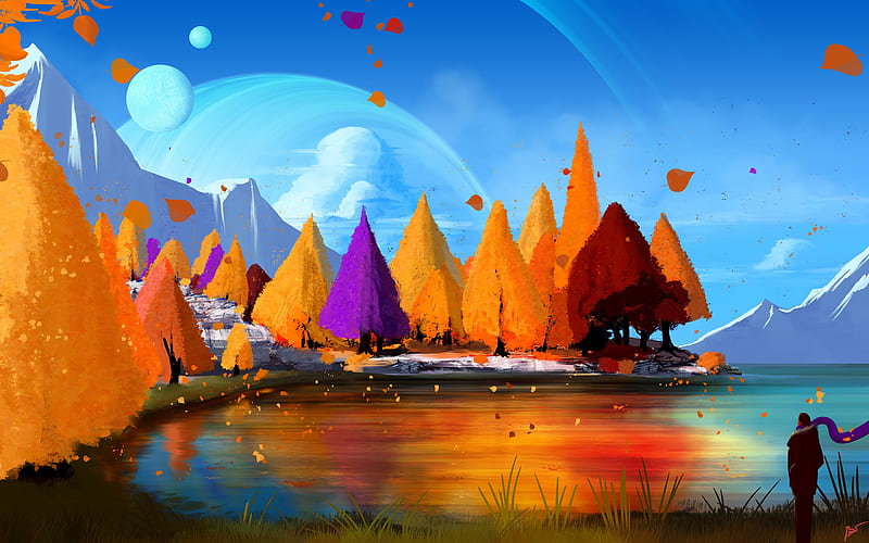 Autumn, art, colorful, josef barton, orange, luminos, man, silhouette, lake, fantasy, water, joeyjazz, blue, HD wallpaper