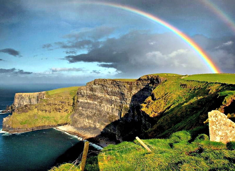 Double Rainbow Cliffs Of Moher Ireland, Ireland, Moher, Rainbows, Double, HD wallpaper