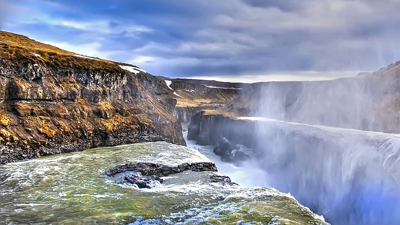 wondrous gullfuss waterfall in iceland r, cliffs, gorge, r, spray, waterfalls, HD wallpaper