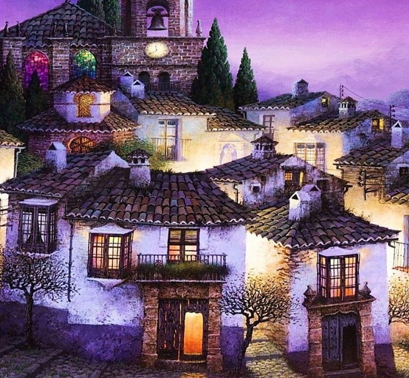 Spanish Village, painting, sunset, artwork, houses, HD wallpaper