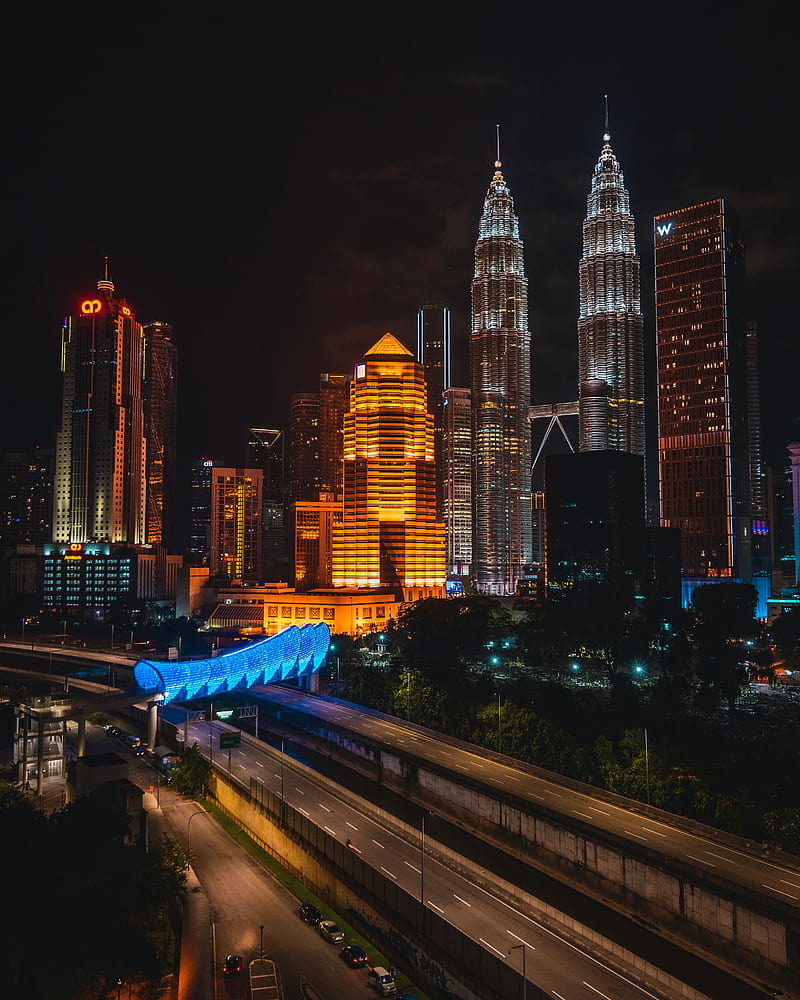 buildings, night city, road, lights, HD phone wallpaper