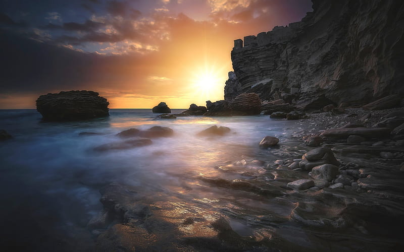 sunset, sea, beach, rocks, corsica, HD wallpaper