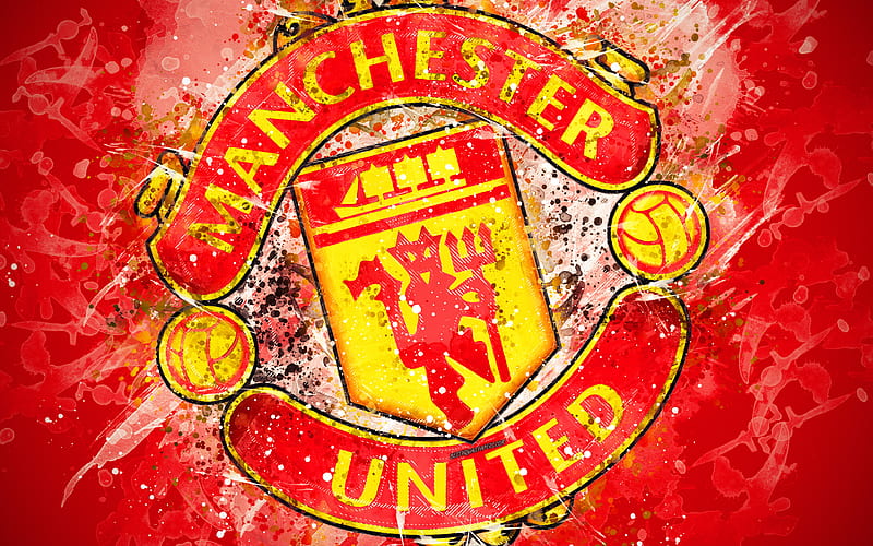 Manchester United FC paint art, logo, creative, English football team, Premier League, emblem, red background, grunge style, Manchester, England, UK, football, HD wallpaper