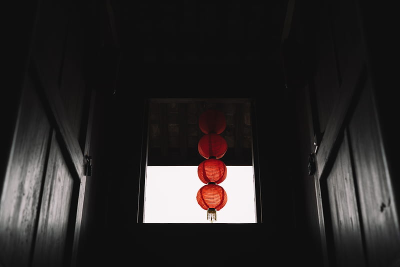 window, chinese lantern, red, dark, room, HD wallpaper