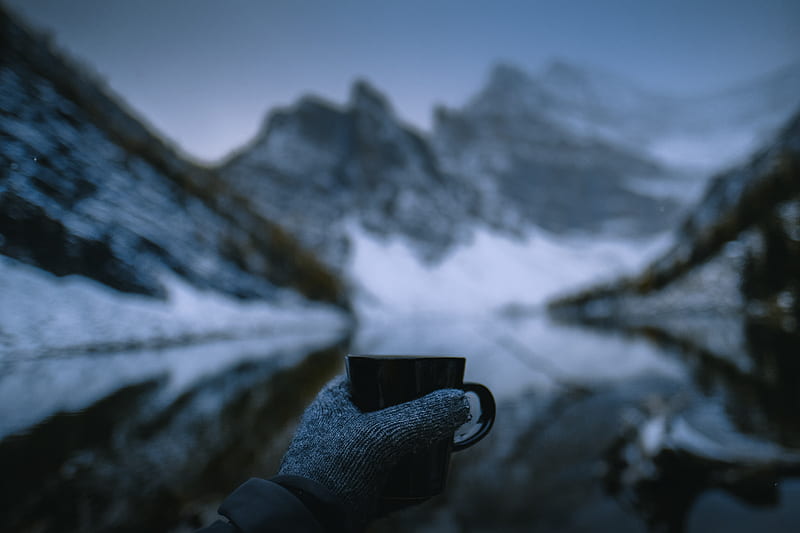 mug, hand, glove, nature, mountains, HD wallpaper