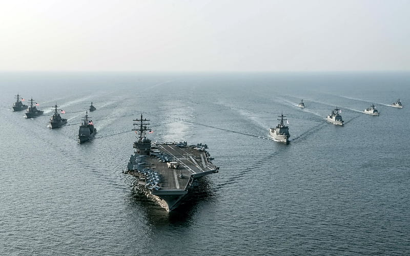 USS Ronald Reagan, CVN 76, American aircraft carrier, US Navy, South Korean Navy, sea, warships, destroyers, HD wallpaper