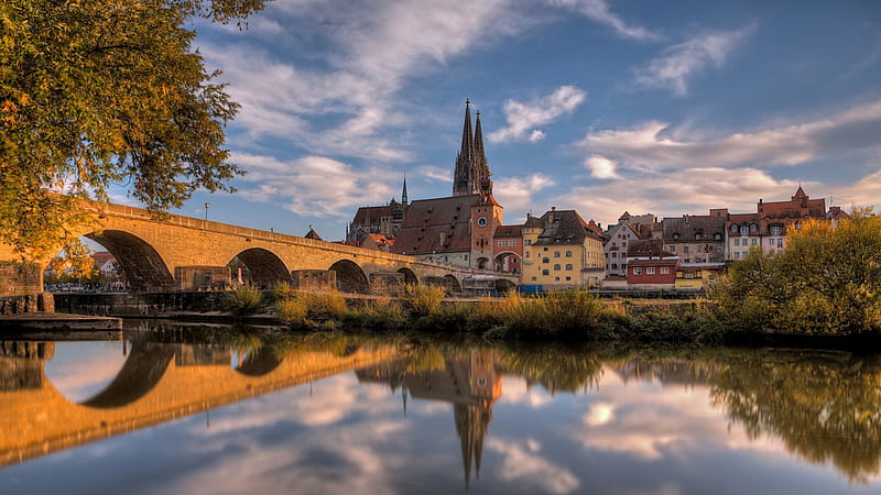 bridge to regensburg cathedral, cathedral, bridge, town, river, reflection, HD wallpaper
