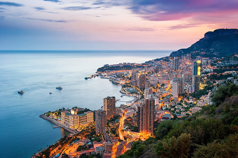 sunset, Monaco, Monte Carlo, Mediterranean Sea, the coast, HD wallpaper