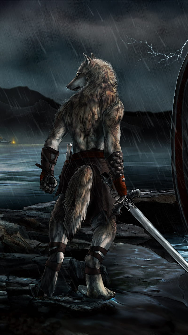 Werewolf Warior, bolt, lightning, sea, storm, sword, wolf, HD phone wallpaper
