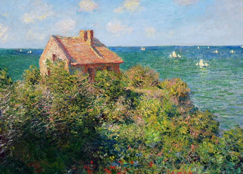 Landscape, art, house, Claude Monet, sea, water, green, painting, summer, impressionism, pictura, blue, HD wallpaper