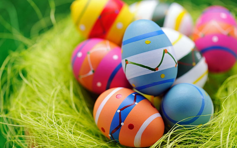 decorated eggs, Easter, April 8, 2018, nest, spring, colored eggs, HD wallpaper