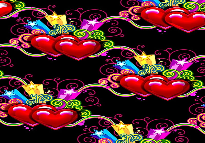 Collage of hearts n' stars, red hearts, stars, love, bright, black, HD wallpaper