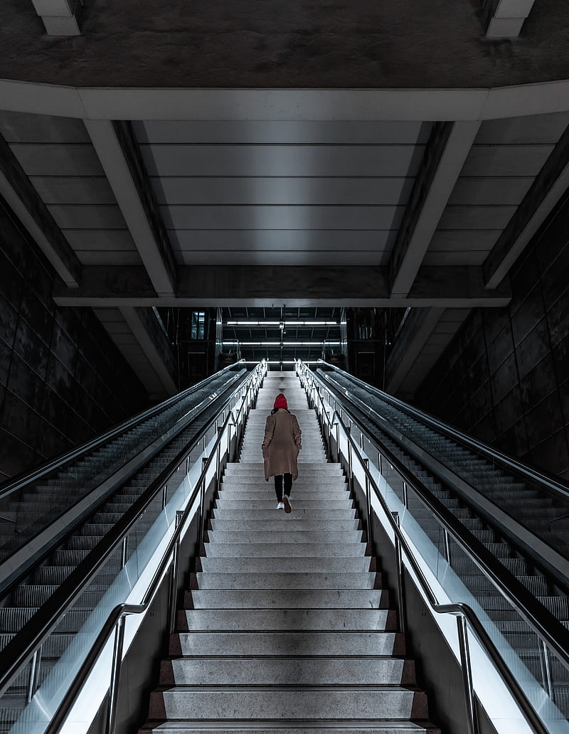 man, stairs, alone, sad, escalator, building, architecture, HD phone wallpaper