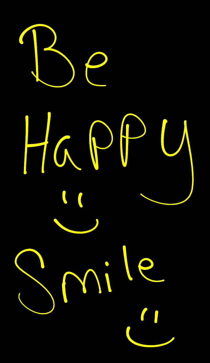 Be Happy, black, love, neon, neon yellow, quote, saying, smile, words, HD phone wallpaper