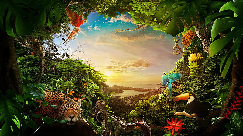 Wildlife, forest, fabio araujo, fantasy, bird, luminos, jungle, parrot, jaguar, HD wallpaper