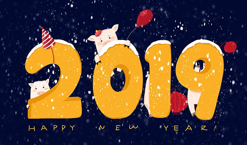 Happy New Year!, 2019, chinese zodiac, christmas, craciun, black, year of the earth pig, new year, card, yellow, HD wallpaper