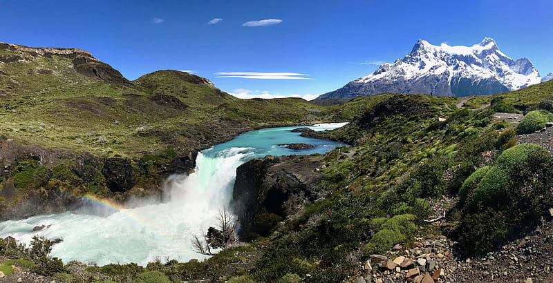 Torres del Paine, mountain, cool, waterfall, nature, river, fun, HD wallpaper