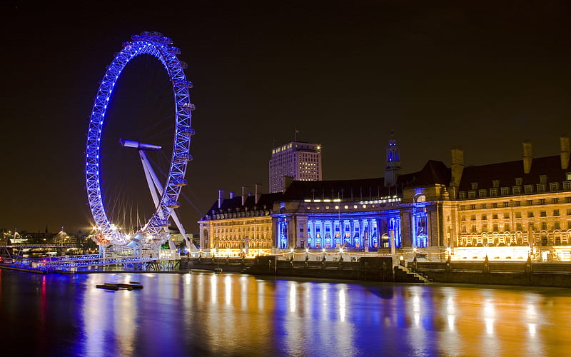London Eye Night Light, architecture, buildings, pier, bonito, lights, monument, water, ferris, landmark, wheel, reflections, night, HD wallpaper