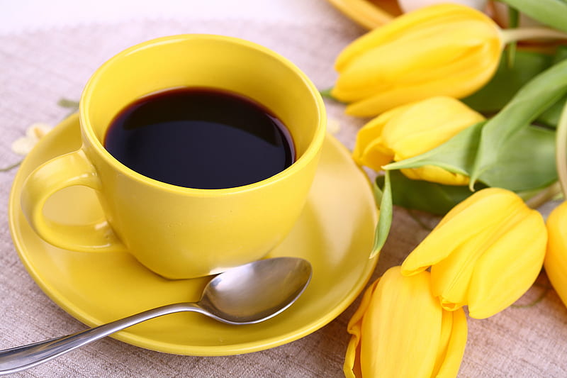 Cup of coffee, coffee, spoon, yellow, cup, tulip, HD wallpaper