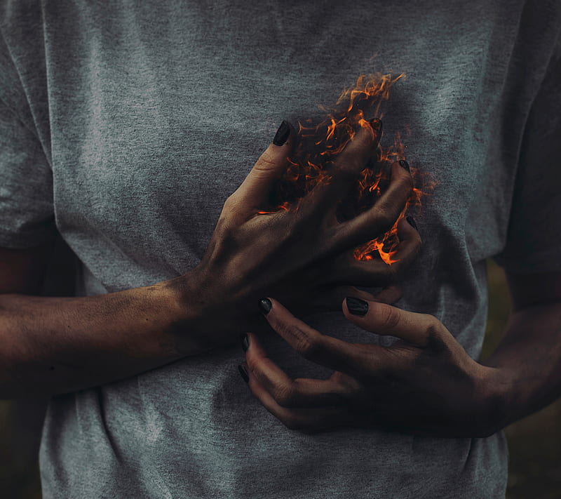 BURNING, fire, hand, heart, tshirt, HD wallpaper