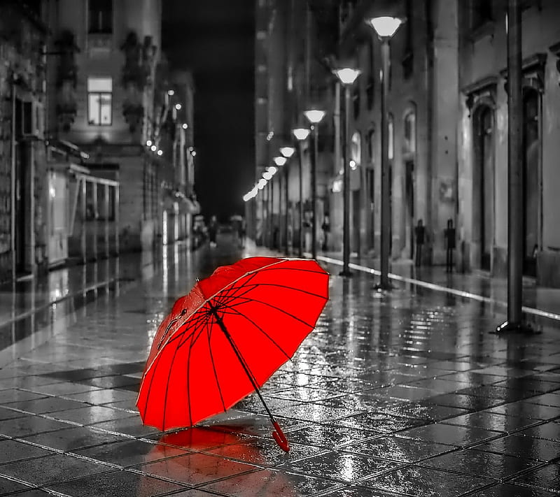 red umbrella, rain street, HD wallpaper