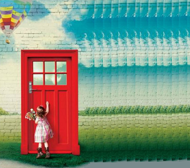LG Red Door, baby, balloon, child, gal, girl, hill, kid, HD wallpaper
