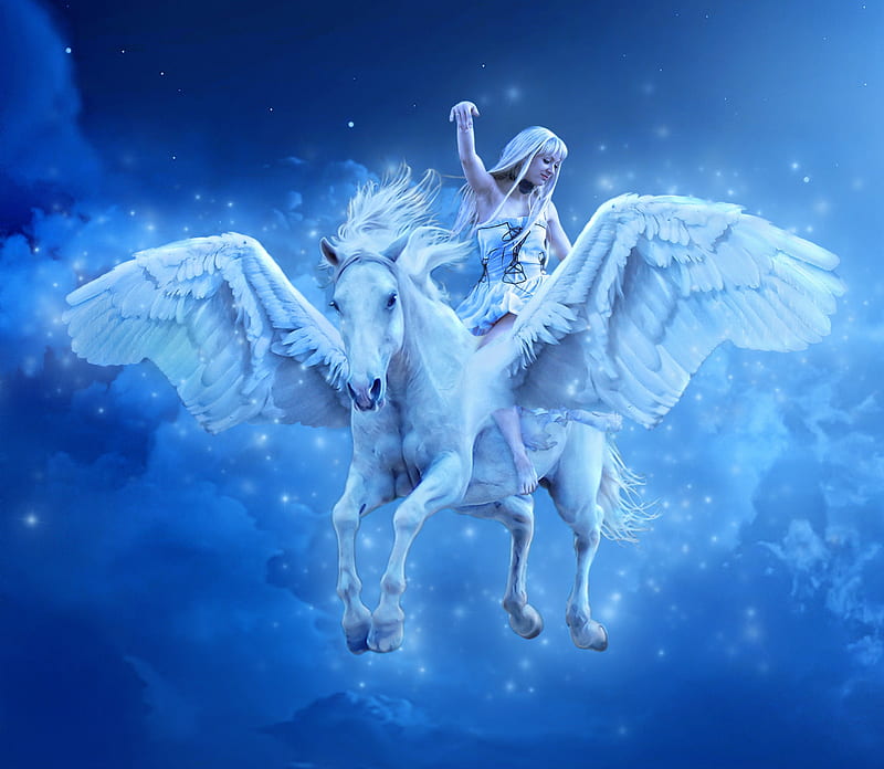 Flying Pegasus, fantasy, pegasus, horse, blue, HD wallpaper