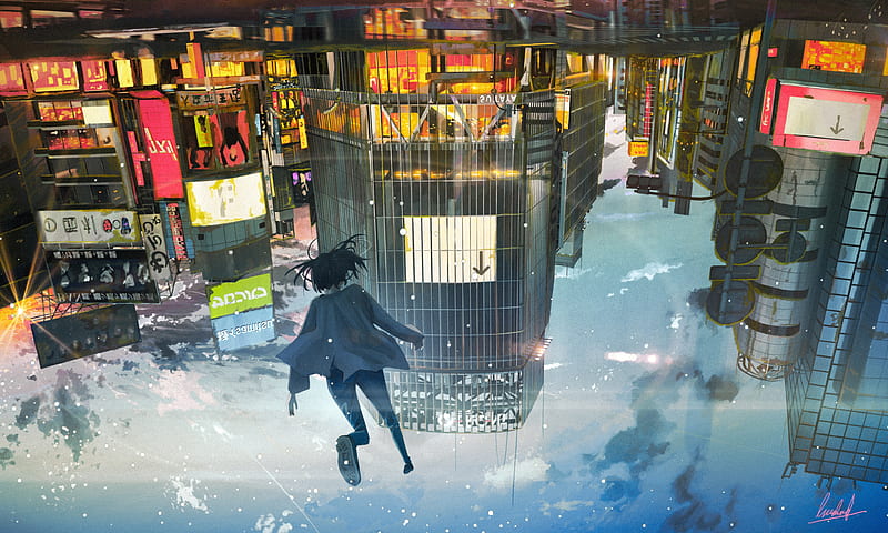 anime city, upside down, floating, anime girl, sky, Anime, HD wallpaper