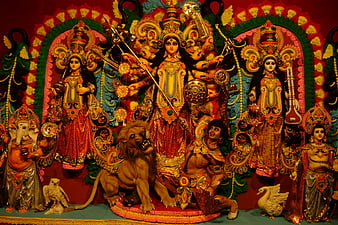 Goddess Durga Idol At Decorated Durga Puja Pandal, Shot At Colored Light,  In Kolkata, West Bengal, India. Durga Puja Is Biggest Religious Festival Of  Hinduism And Is Now Celebrated Worldwide. Stock Photo,