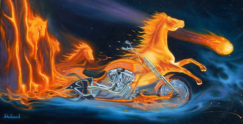 Ride the Fury, cart, fire, horse, artwork, HD wallpaper
