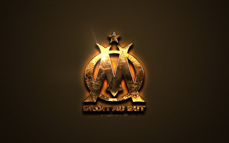 Olympique Marseille, golden logo, French football club, golden emblem, Marseille, France, Ligue 1, golden carbon fiber texture, football, Olympique de Marseille, HD wallpaper