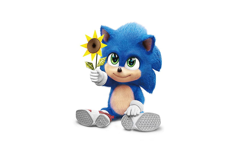 Sonic with flower Shadow the Hedgehog, minimalism, Sonic The Hedgehog, Sonic, 2020 movie, white backgrounds, Blue Sonic, HD wallpaper