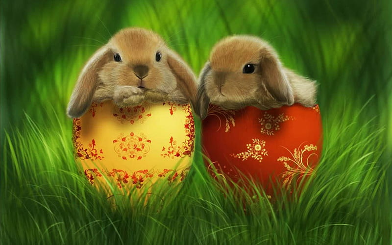 Easter Rabbits, holidays, grass, eggs, colors, halves, artwork, HD wallpaper
