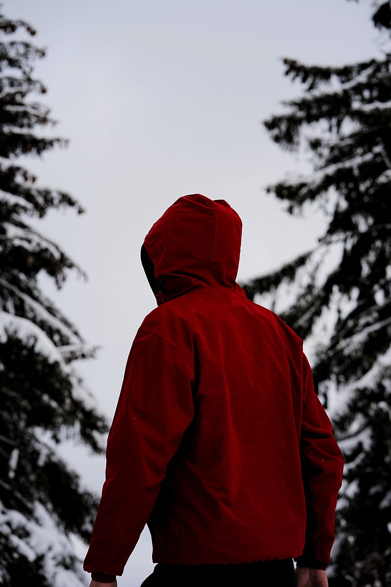 person in red hoodie standing on snow covered ground, HD phone wallpaper