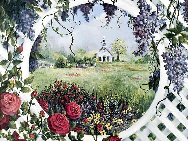 veiw to faith, grass, flowers, vines, garden, roses, church, arbor, HD wallpaper