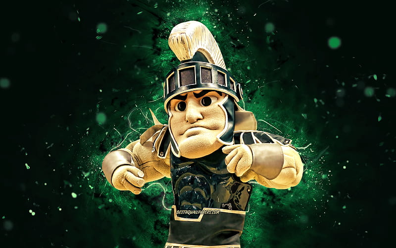 Sparty mascot, Michigan State Spartan, green neon lights, NCAA, creative, USA, Michigan State Spartan mascot, NCAA mascots, official mascot, Sparty mascot, HD wallpaper