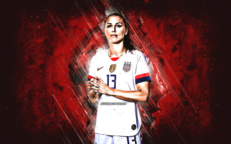 Alex Morgan, American soccer player, United States womens national soccer team, portrait, creative red background, USA, football, HD wallpaper