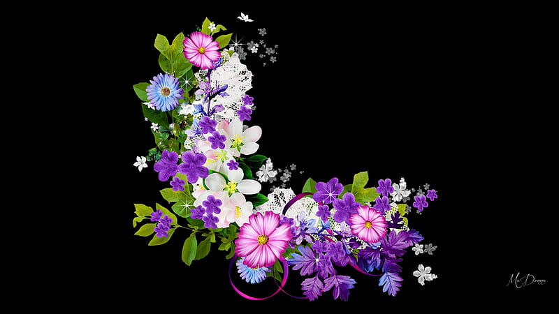 Floral Glory, spring, ribbons, floral, lce, leaves, bright, summer, flowers, spray, Firefox Persona theme, HD wallpaper