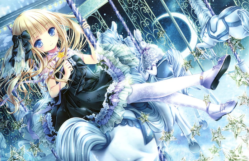 Merry go Around, pretty, dress, blond, tinkerbell, bonito, adorable, sweet, nice, loli, anime, beauty, anime girl, female, lovely, ribbon, gown, lolita, blonde, horse, tinkle, cute, kawaii, girl, merry go round, carousel, HD wallpaper