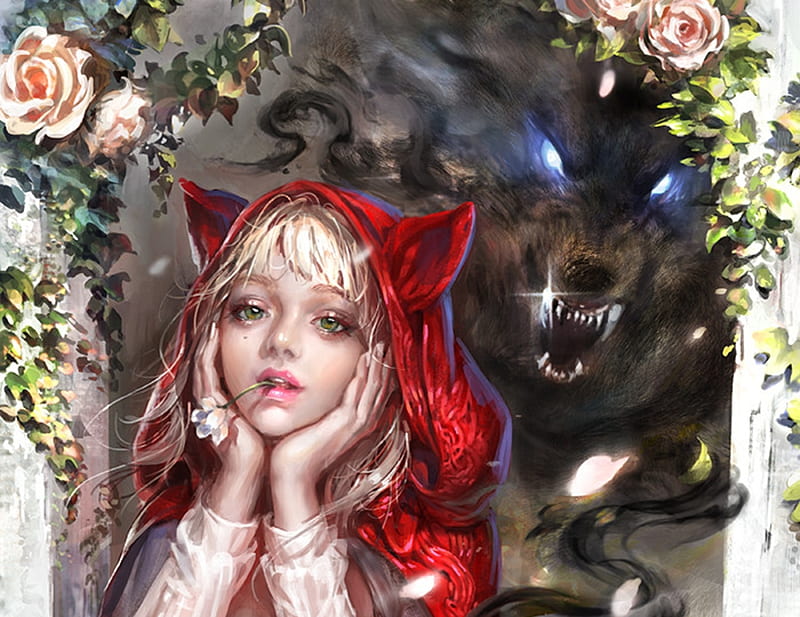 Red Riding Hood, fantasy, luminos, girl, flower, doha studio, wolf, HD wallpaper