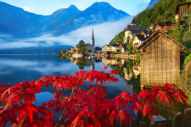 Hallstatt, Austria, reflection, town, que, branches, view, beautiful, lake, mountain, HD wallpaper