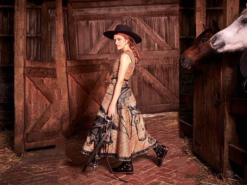 Teresa Palmer - Cowgirl, Teresa Palmer, dress, boots, model, bonito, horses, barn, cowboy hat, 2019, actress, Palmer, Teresa, stable, bridle, HD wallpaper