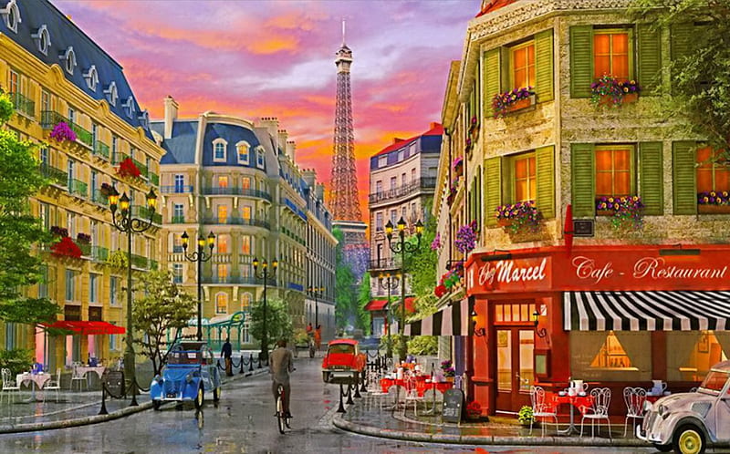 Paris, pretty, colorful, art, lovely, bonito, sunset, sky, city, eiffel tower, painting, shops, eiffel, street, HD wallpaper