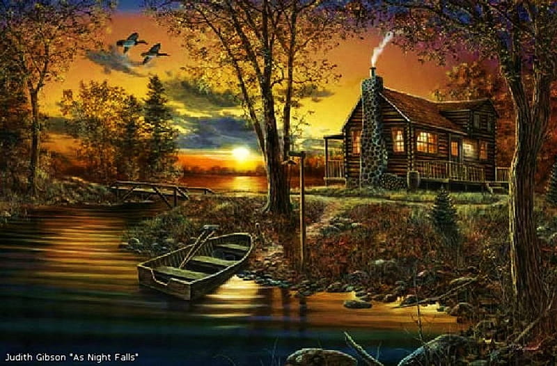 As Night Falls, tree, house, boat, cottage, painting, clouds, sky, HD ...