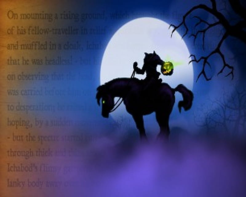 Headless Horseman 2, moon, rider, pumpkin head, story, trees, horse, fog, HD wallpaper