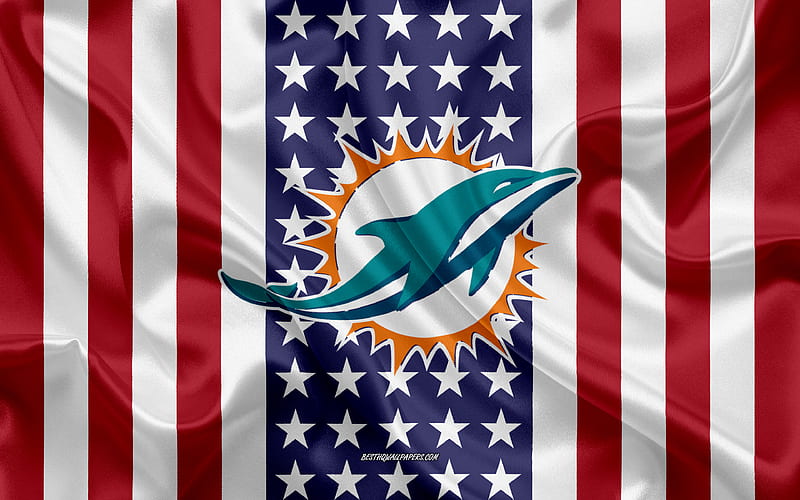 Miami Dolphins logo, emblem, silk texture, American flag, American football club, NFL, Miami, Florida, USA, National Football League, american football, silk flag, HD wallpaper